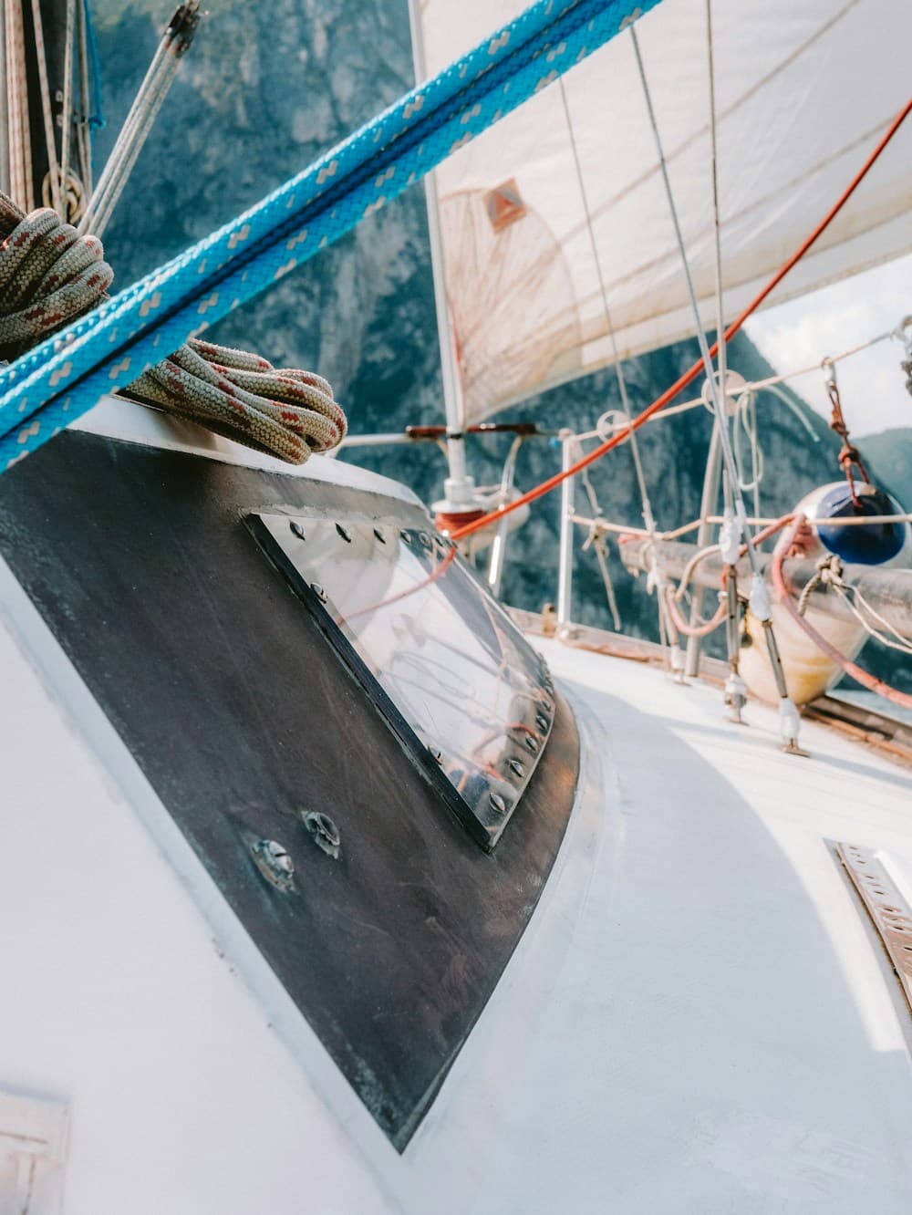 Ropes, rigging and sails on a yacht deck
